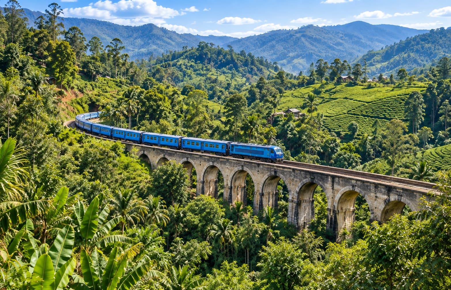 Blue train crossing Nine Arch Bridge in Sri Lanka's green highlands