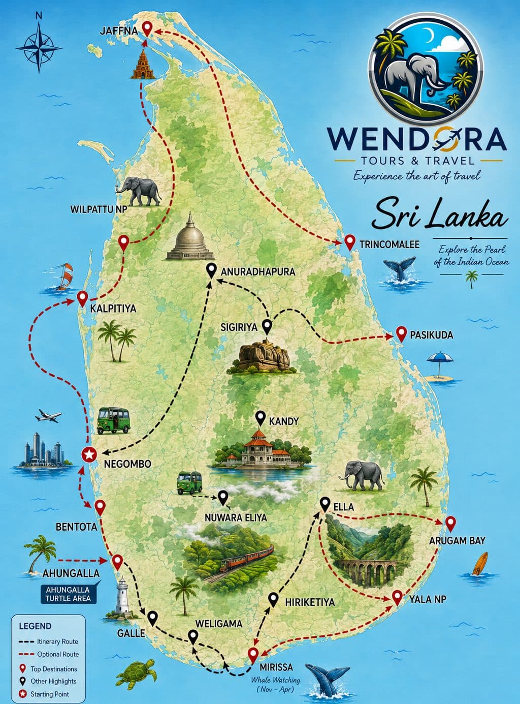 Illustrated map of Sri Lanka showing the itinerary route from Negombo through Bentota, Galle, Ella and Kandy, with optional routes to Sigiriya, Anuradhapura, Trincomalee, Jaffna, Arugam Bay, Yala and Mirissa
