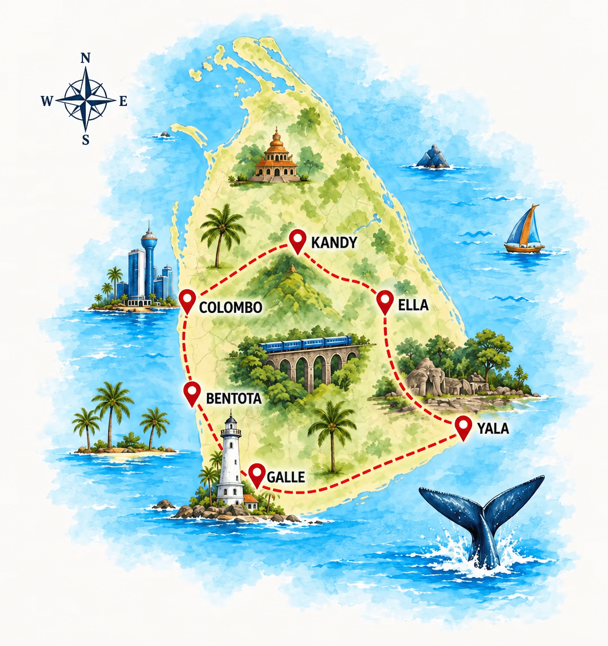 Geographically corrected illustrated seven-day Sri Lanka route connecting Colombo, Bentota, Galle, Yala, Ella and Kandy